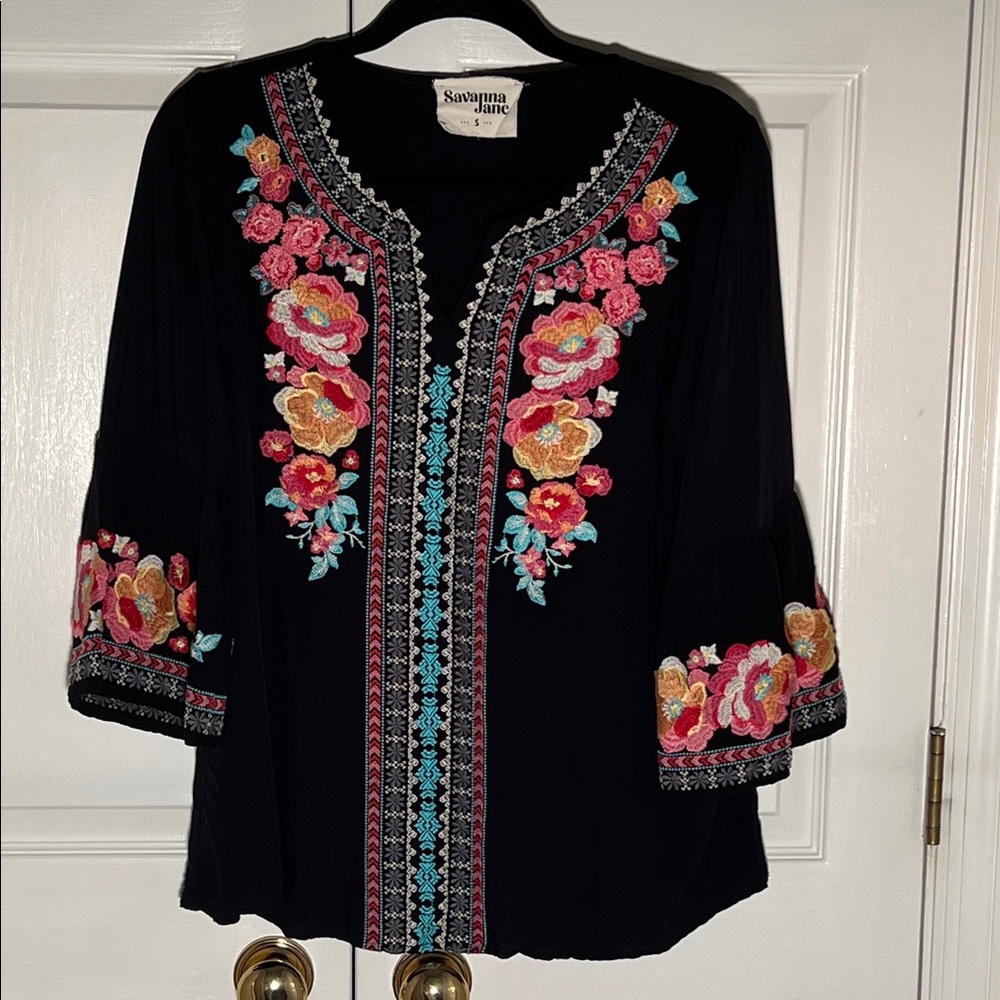 Savanna Jane Black Top with Pink and Orange Embroidery